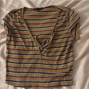 Striped V-Neck Tie Front Top